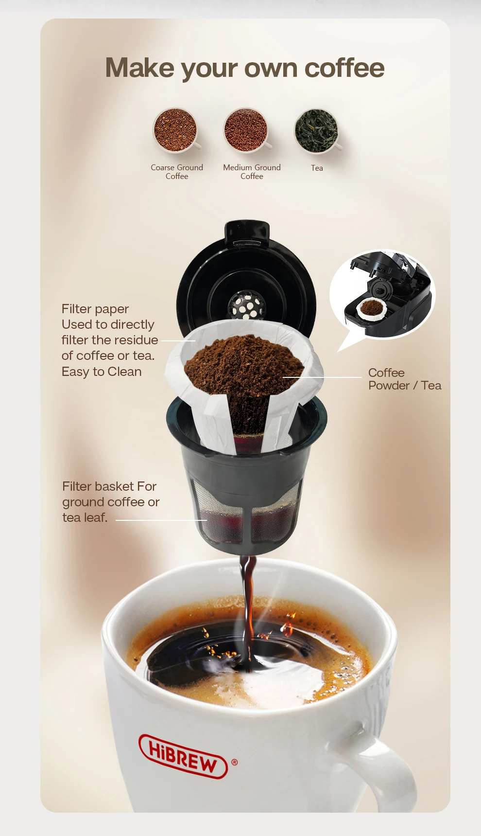 HiBREW Coffee Filter Coffee Machine Brewer for K-Cup Capsule & Ground Coffee